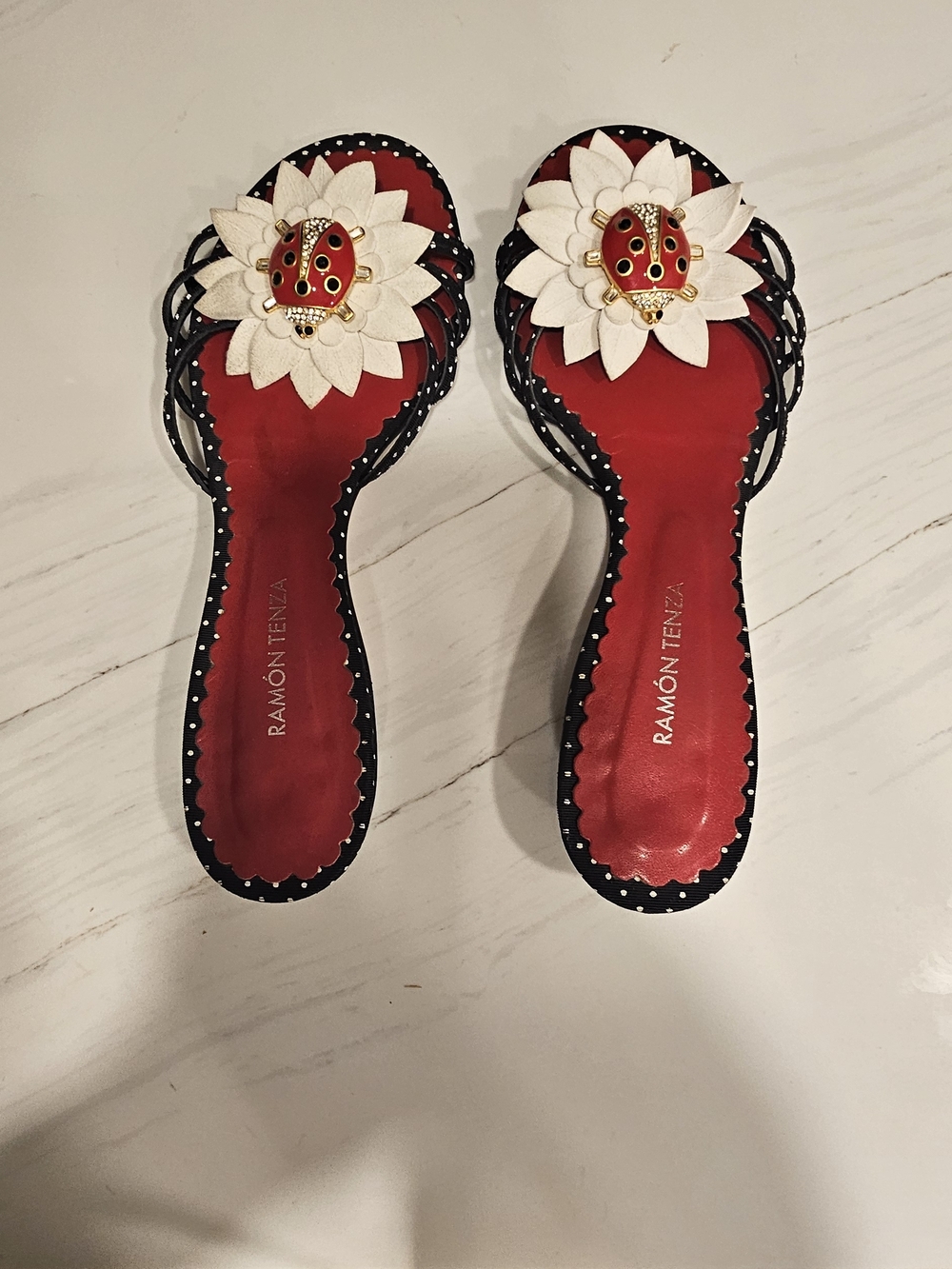 Ramon Tenza Slide Sandals with White Floral and Ladybug Detail 8.5